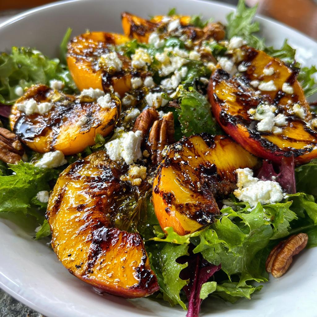 Close-up of a vibrant grilled peach salad with mixed greens, crumbled feta, pecans, and a drizzle of honey dressing.