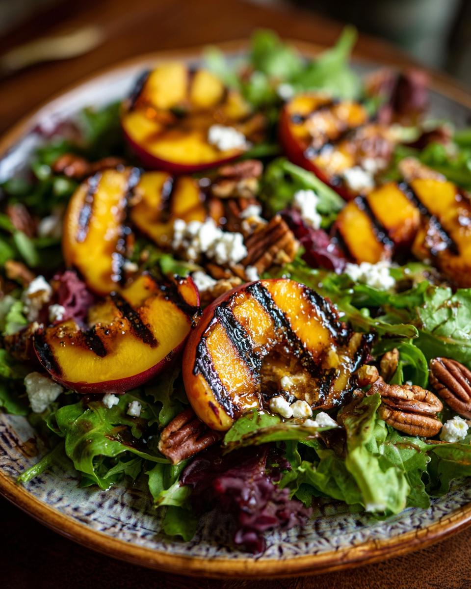 Close-up of a grilled peach salad with greens, pecans, feta cheese, and a honey dressing.