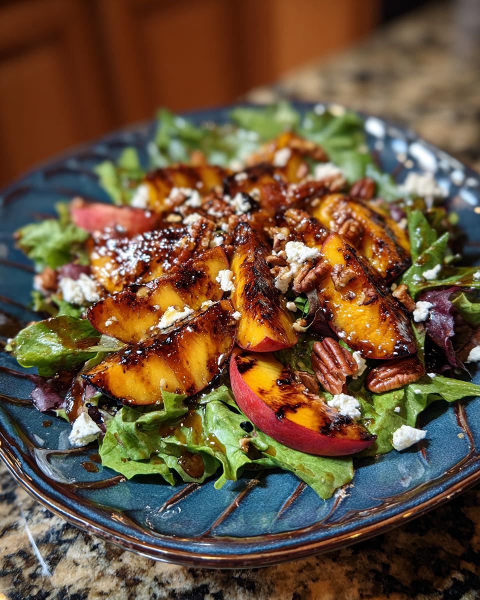 A vibrant grilled peach salad with honey dressing, topped with feta cheese and pecans.