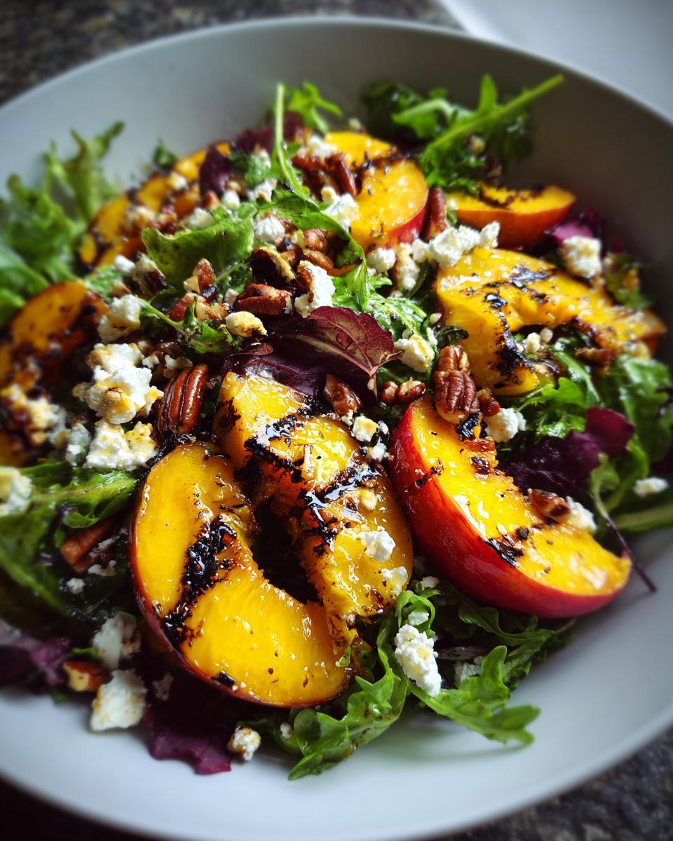 A vibrant bowl of grilled peach salad with mixed greens, crumbled feta, pecans, and a drizzle of honey dressing.