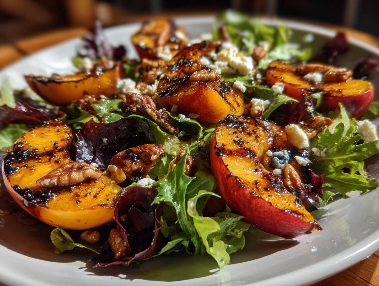 Close-up of a refreshing grilled peach salad with mixed greens, crumbled blue cheese, and toasted walnuts, drizzled with honey dressing.