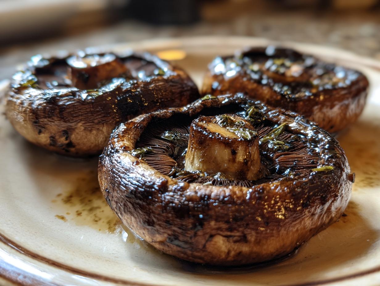 Three juicy grilled portobello mushrooms with herbs, glistening and ready to serve as part of easy grilling recipes.
