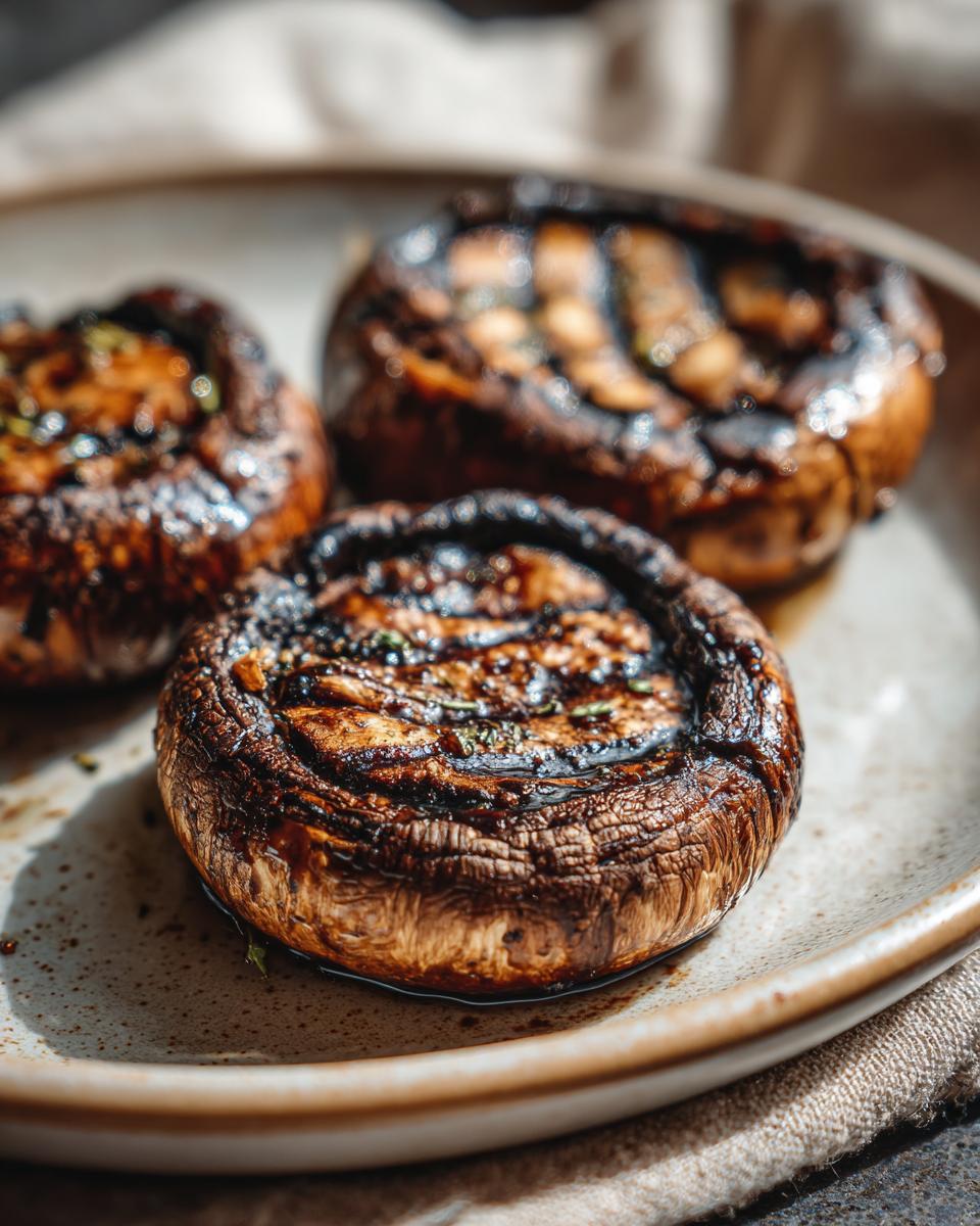 Close-up of three perfectly grilled portobello mushrooms with grill marks, seasoned and ready to serve.