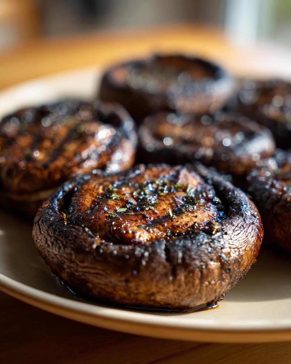 Close-up of several grilled portobello mushrooms with visible grill marks and sprinkled herbs on a plate.