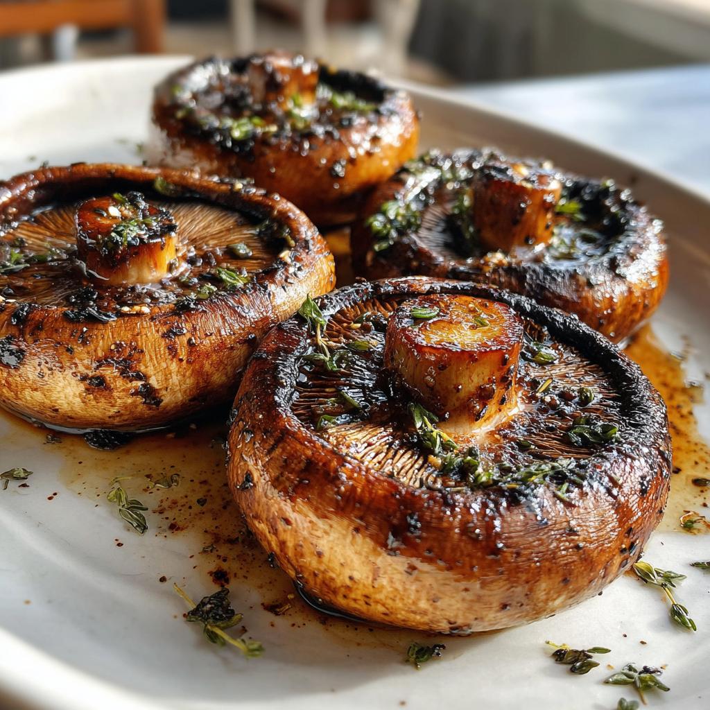 Close-up of four perfectly grilled portobello mushrooms, seasoned with herbs and glistening with juices.