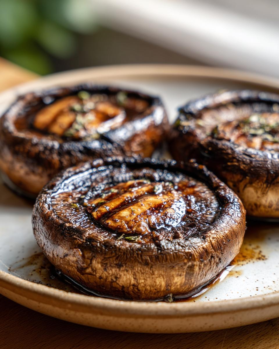 Close-up of three juicy grilled portobello mushrooms on a plate, seasoned with herbs, perfect for grilling recipes.