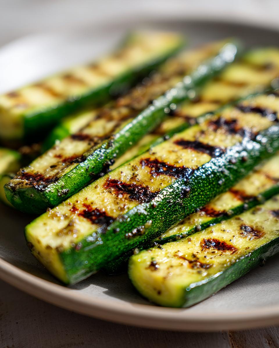 Close-up of perfectly grilled zucchini slices, seasoned with herbs and spices, showcasing beautiful grill marks.