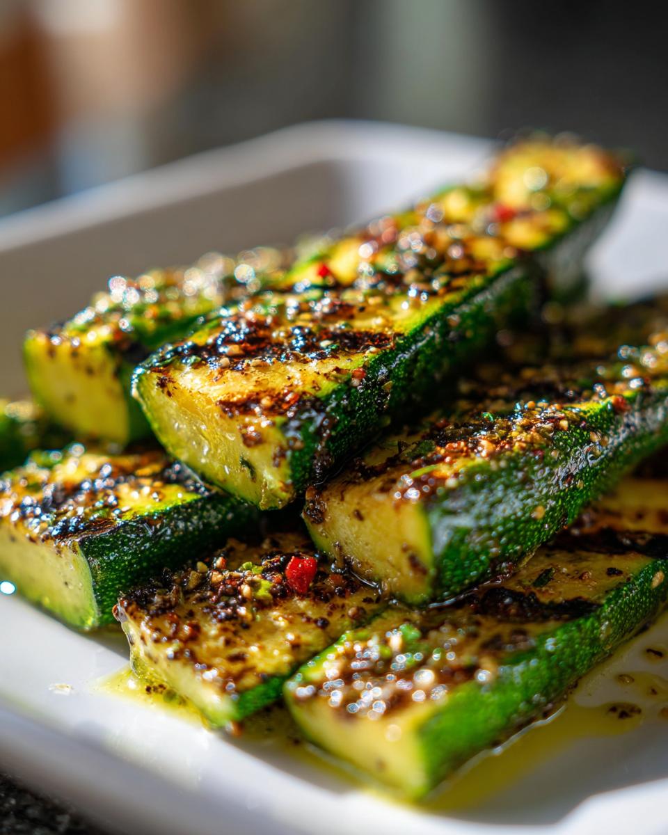 Close-up of grilled zucchini slices seasoned with spices and herbs, a perfect side dish.