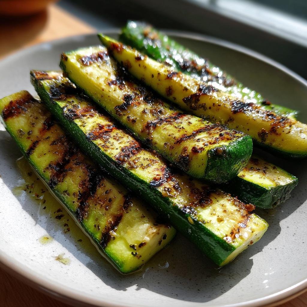 Close-up of perfectly grilled zucchini slices with char marks, seasoned and glistening with oil, a delicious side dish.