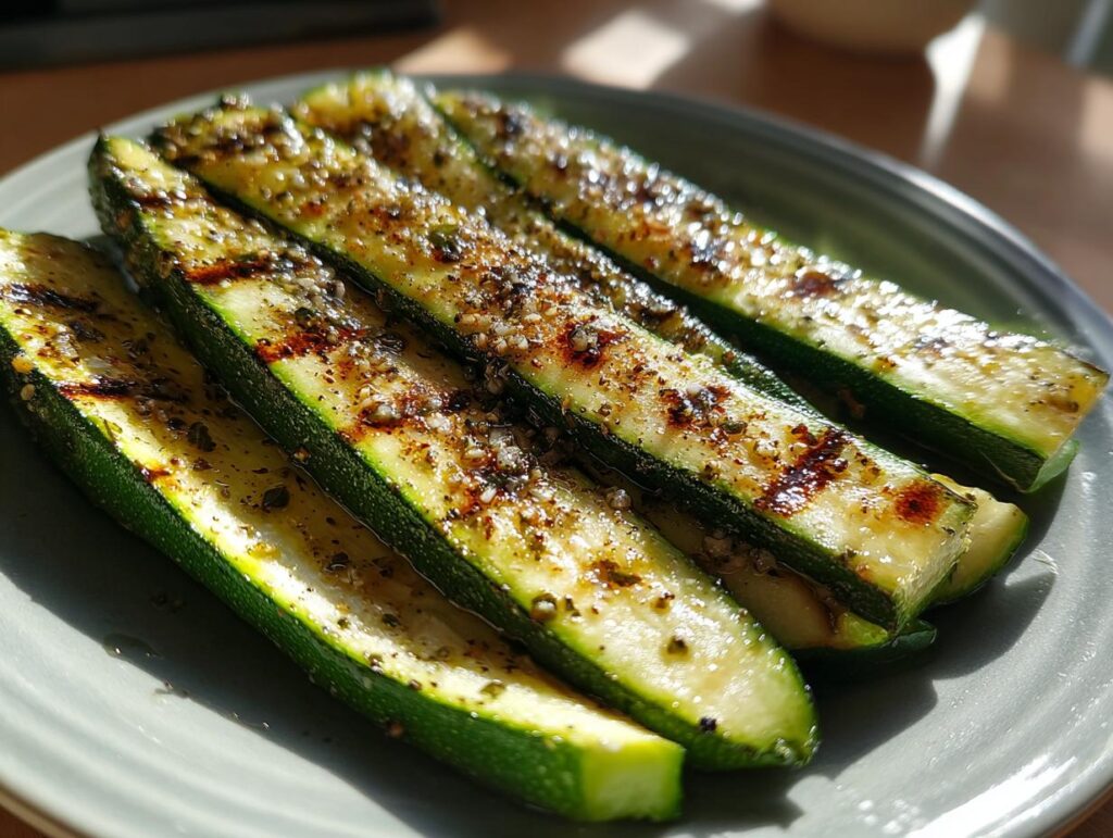 Close-up of grilled zucchini slices seasoned with herbs and spices on a plate.