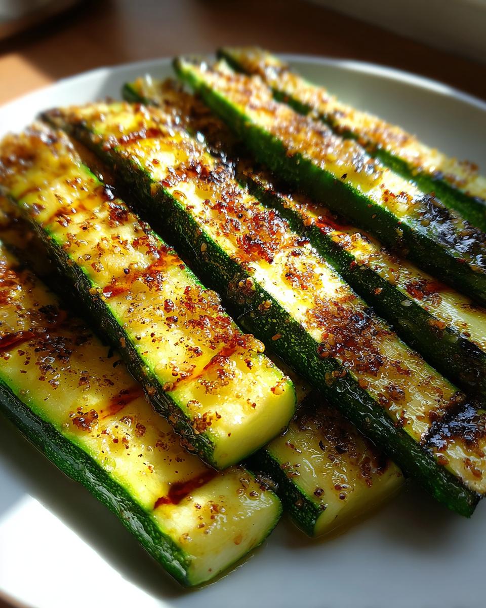 Close-up of perfectly grilled zucchini slices seasoned with spices, a delicious side dish.
