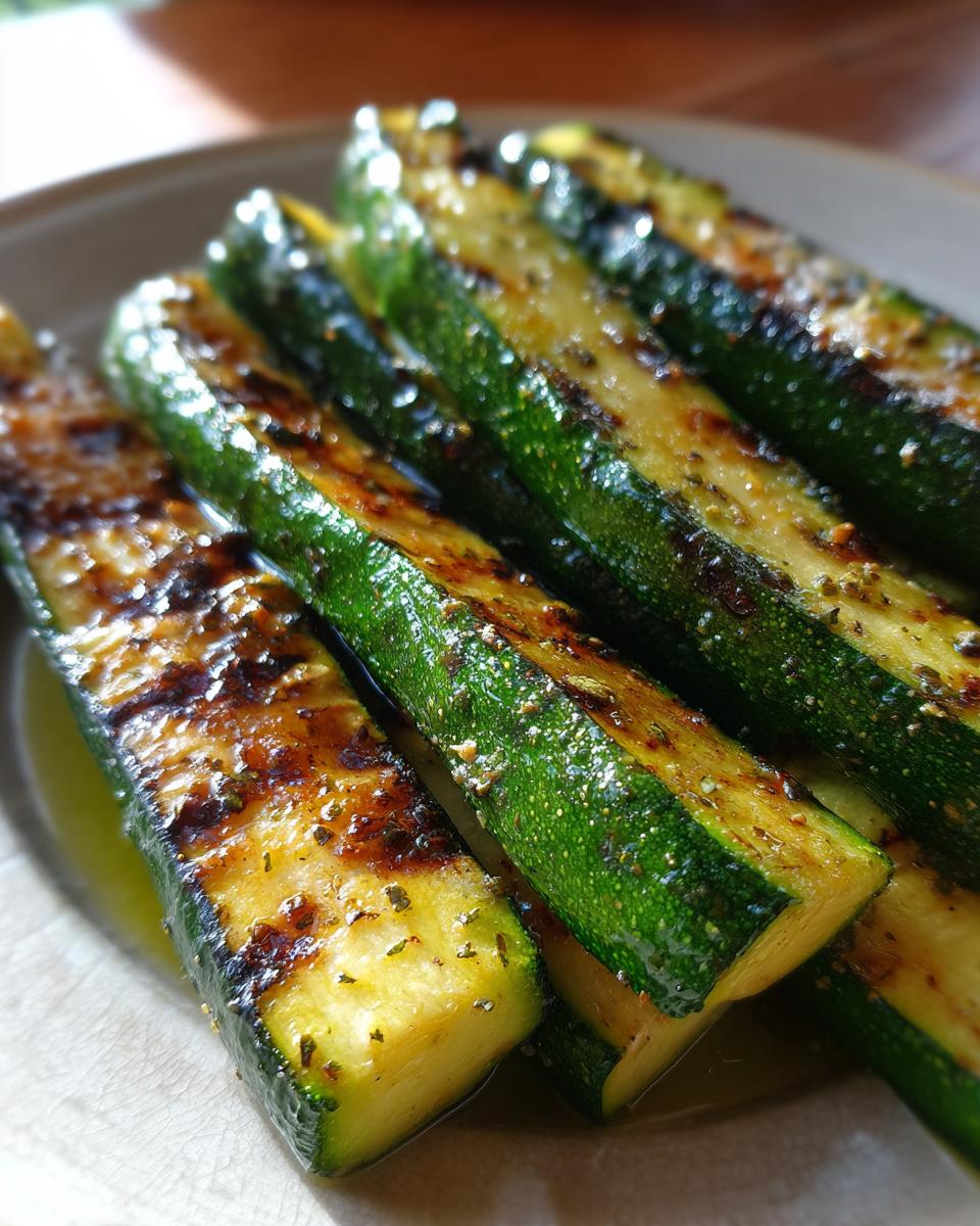 Close-up of grilled zucchini slices seasoned with herbs and spices, a perfect side dish.