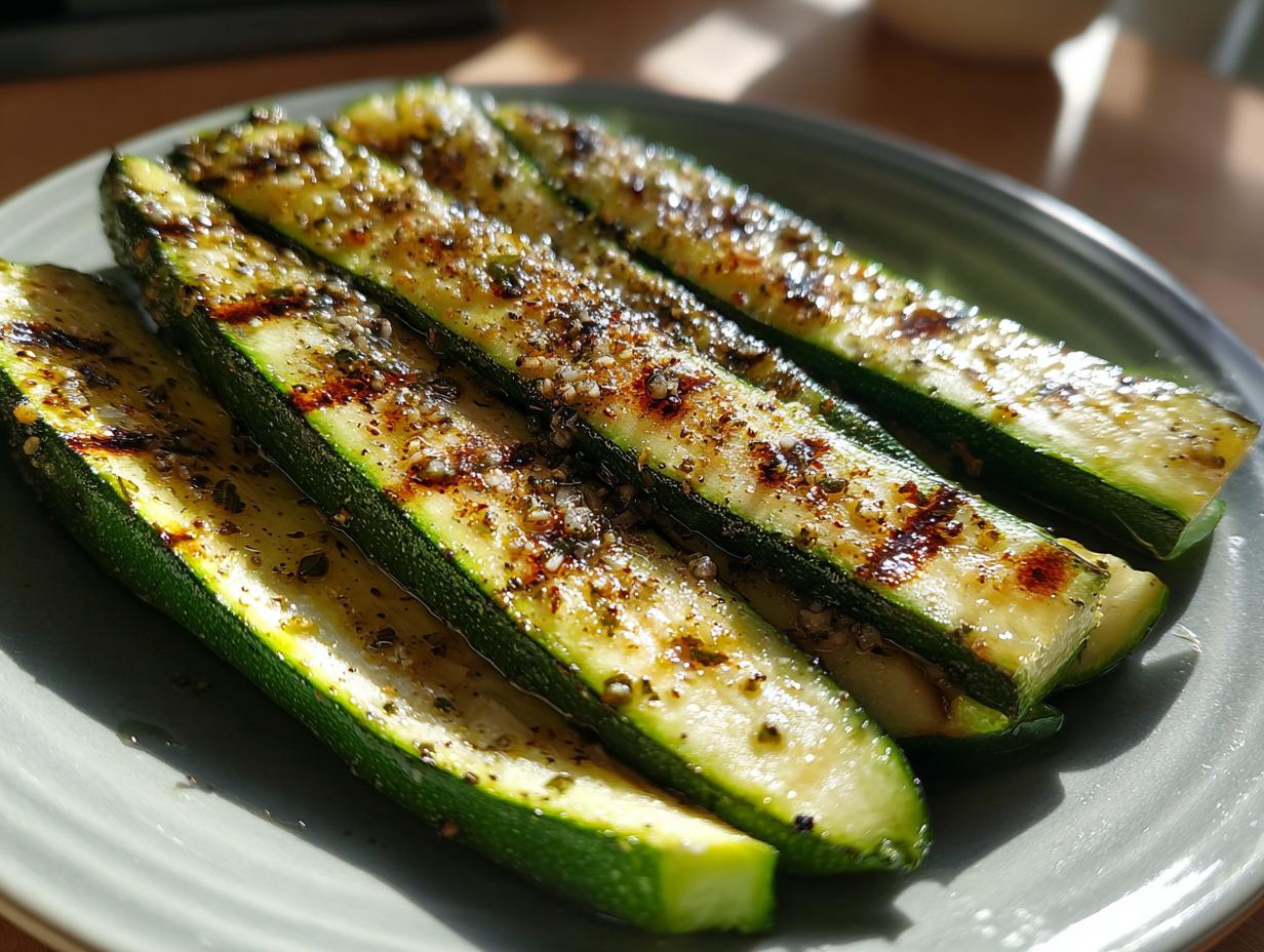 Close-up of grilled zucchini slices seasoned with herbs and spices on a plate.