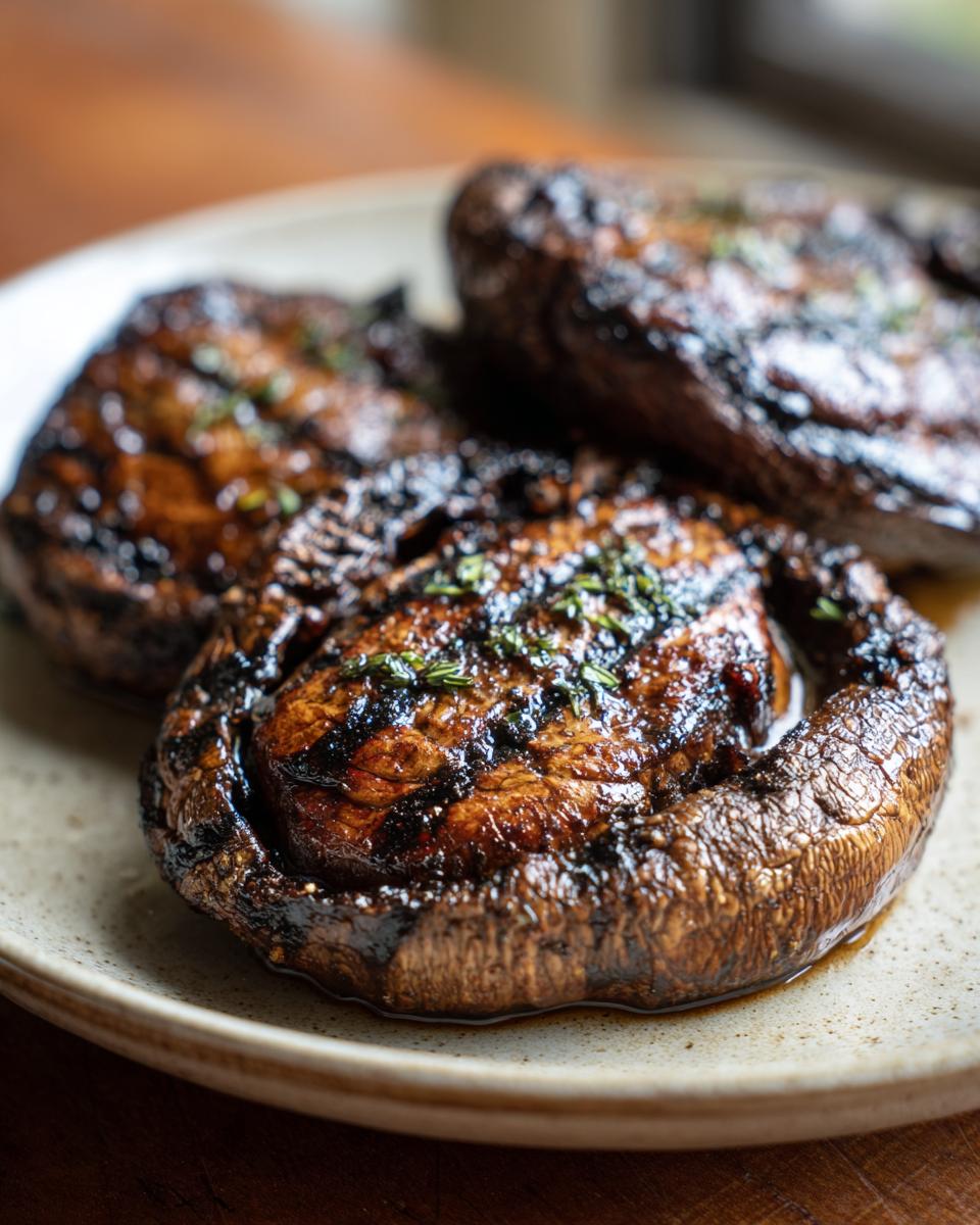 Close-up of three juicy grilled portobello mushrooms with grill marks and fresh herbs, part of easy grilling recipes.