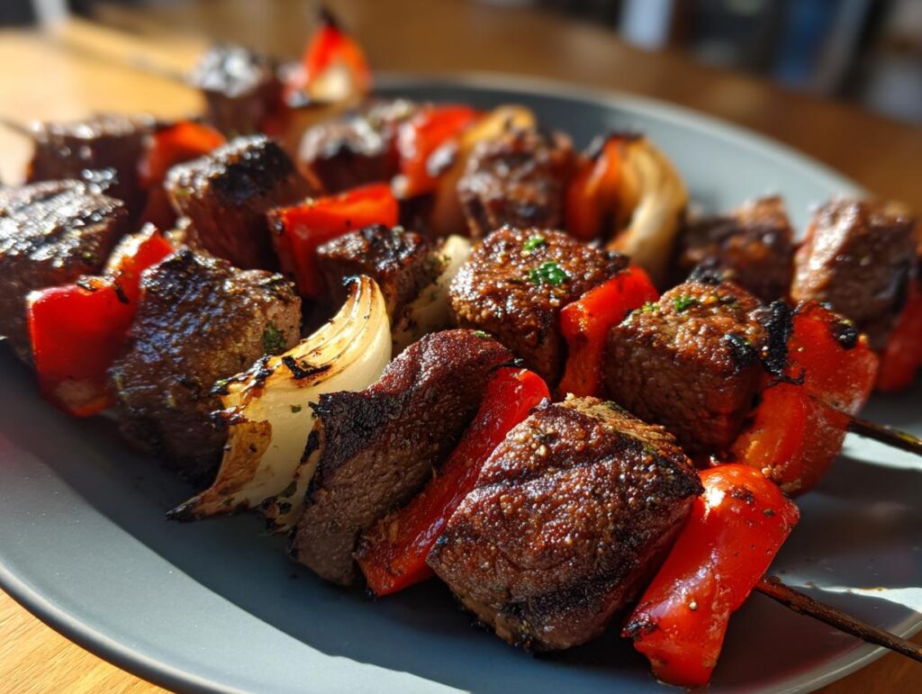 Close-up of grilled steak kabobs with chunks of steak, red bell peppers, and onions on a grey plate.