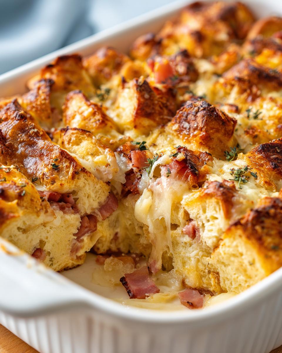 A close-up of a baked ham and cheese croissant casserole in a white dish, showing gooey melted cheese and golden-brown pastry.
