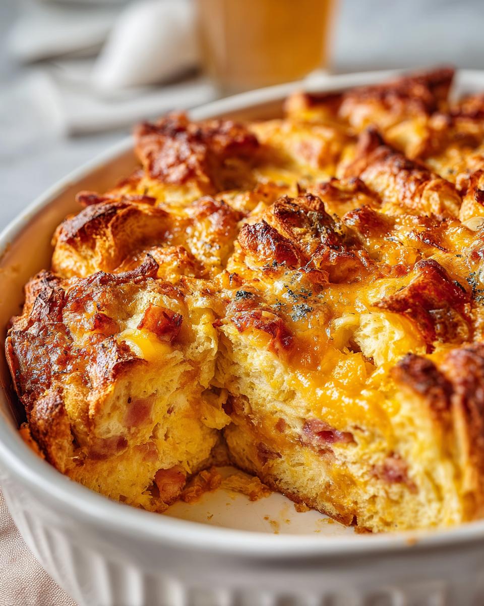 A delicious slice of ham and cheese croissant casserole, showcasing layers of flaky croissant, melted cheese, and ham.