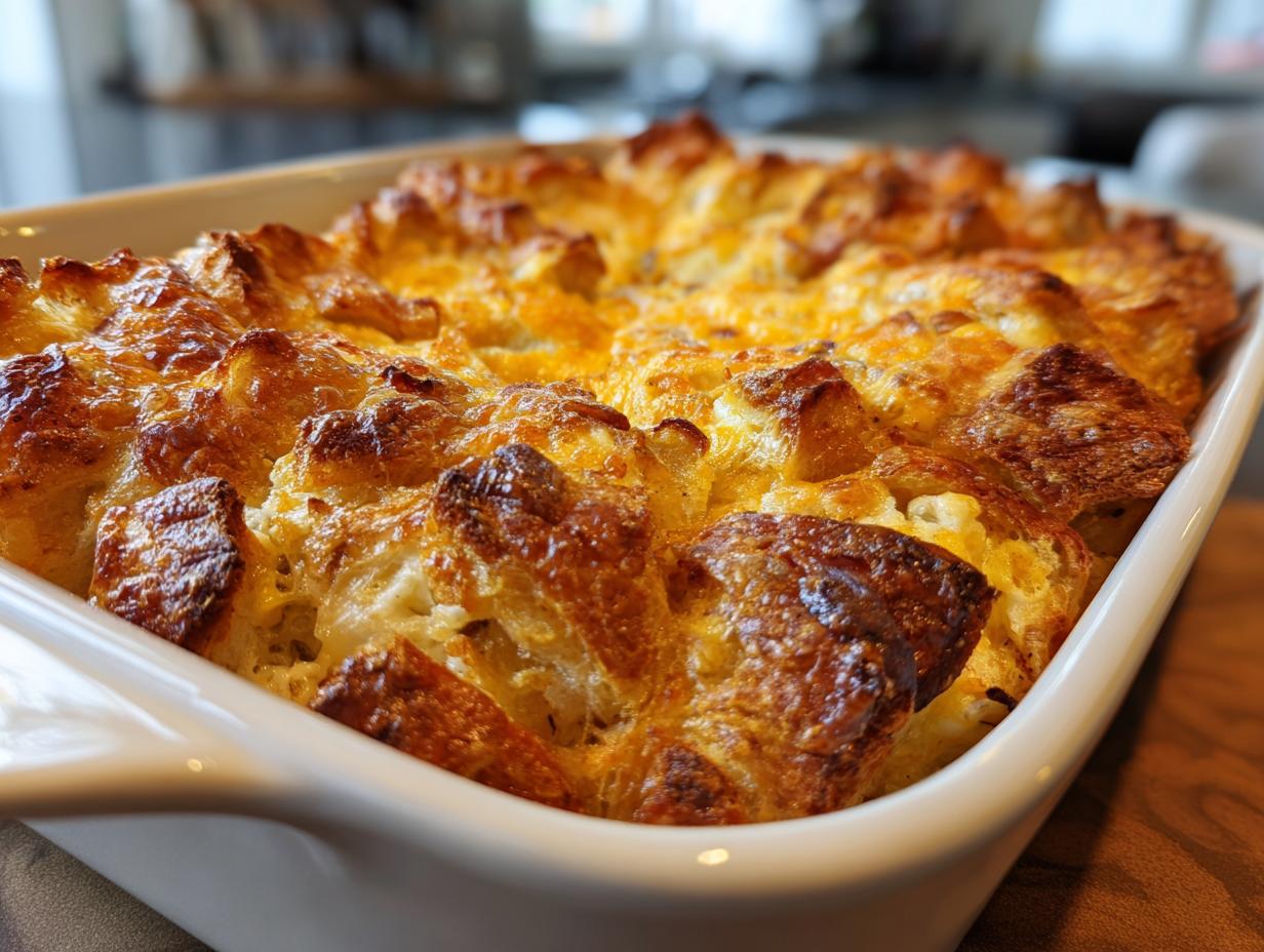Golden brown baked ham and cheese croissant casserole in a white dish, a perfect breakfast idea.