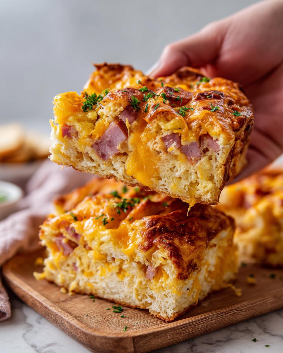 A hand holding a slice of ham and cheese croissant casserole, showing melted cheese and chunks of ham.