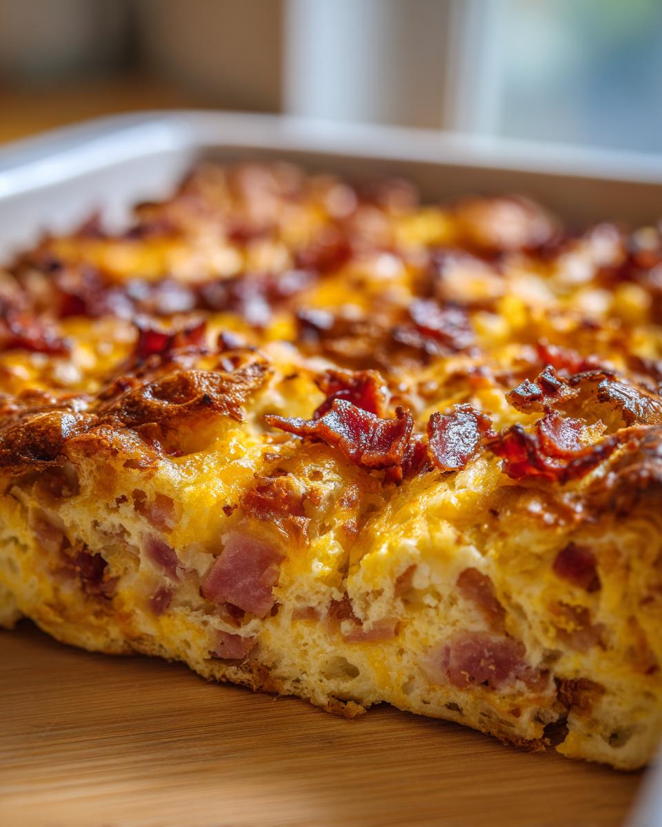 A slice of baked ham and cheese croissant casserole, topped with crispy bacon.