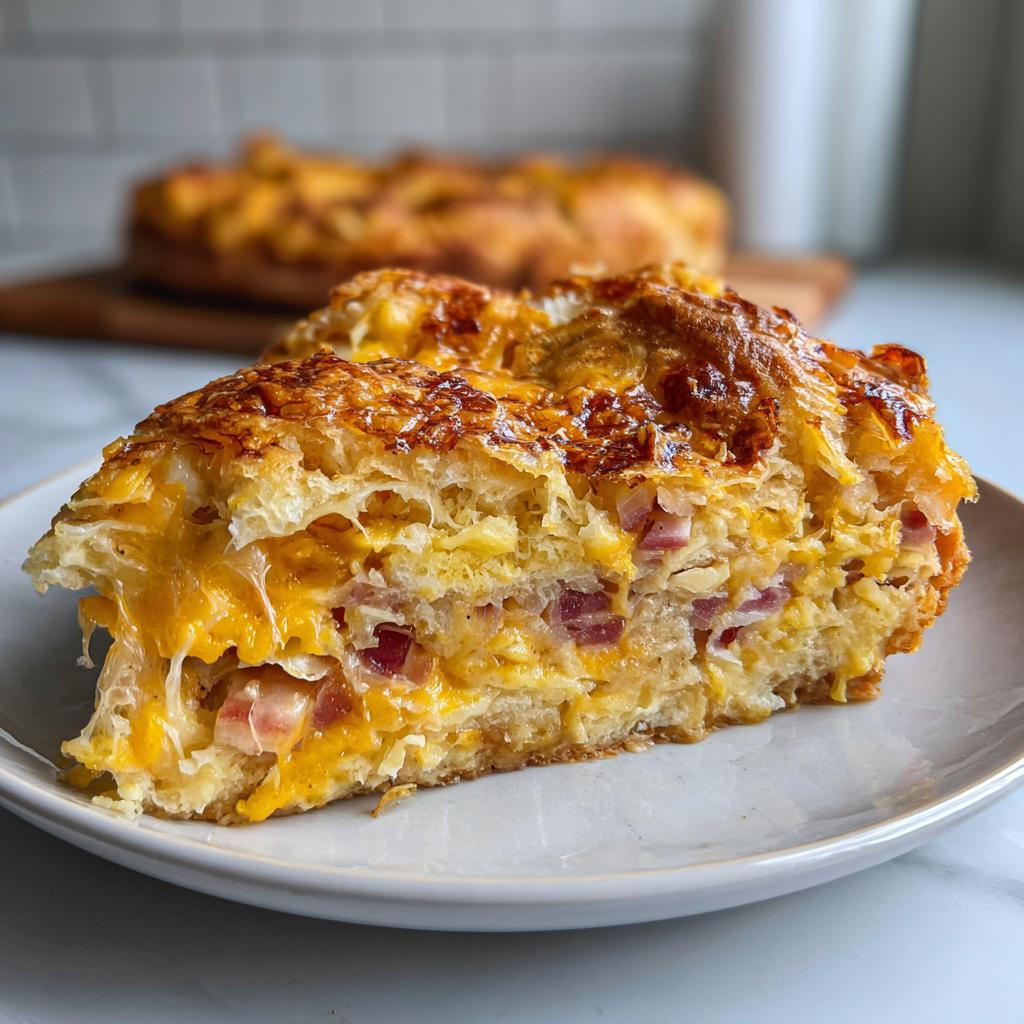 A delicious slice of Ham and Cheese Croissant Casserole, showing layers of flaky pastry, melted cheese, and diced ham.