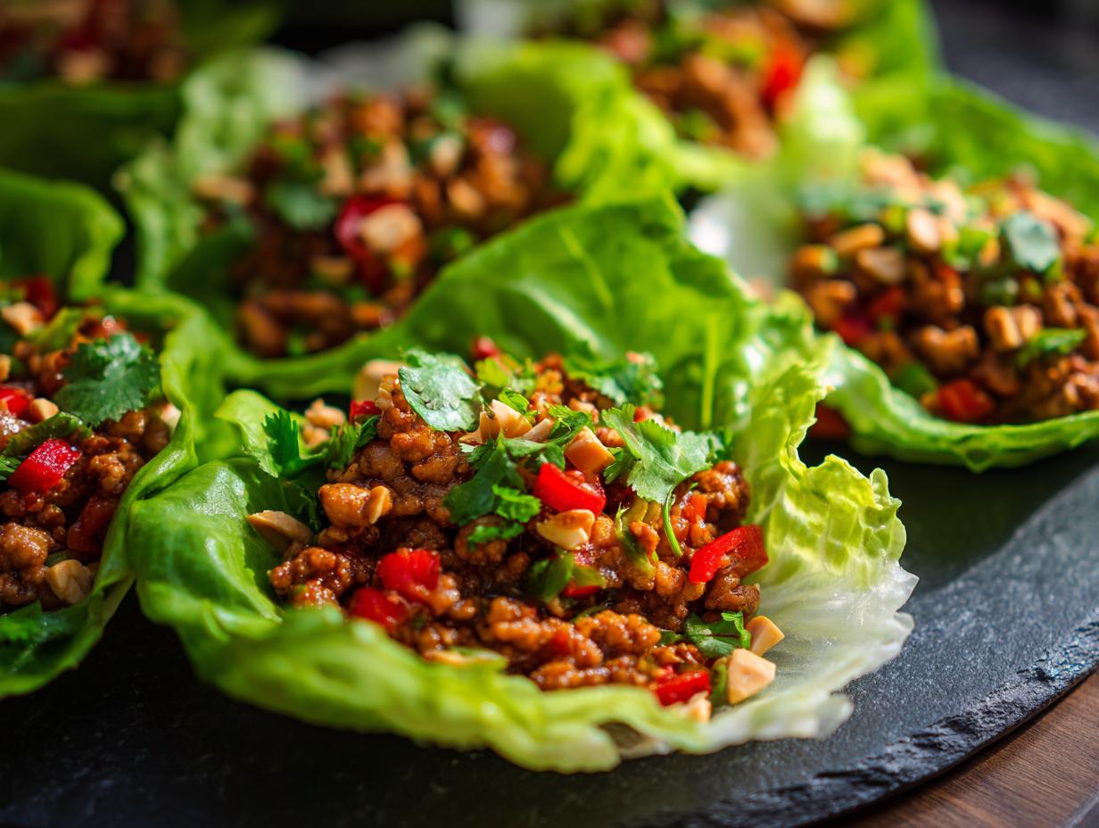Close-up of fresh chicken lettuce wraps filled with seasoned ground chicken, red peppers, and peanuts, a perfect healthy lunch idea.