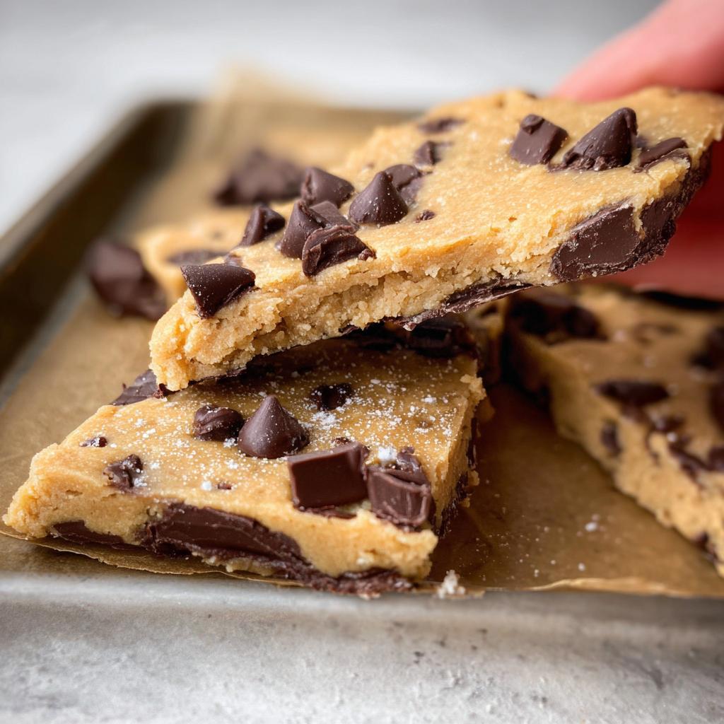 Close-up of a hand breaking off a piece of Healthy Cookie Dough Bark, revealing chocolate chips and a soft texture.