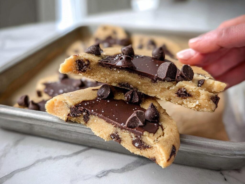 Close-up of two pieces of Healthy Cookie Dough Bark, topped with chocolate chips and sea salt.