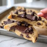 Close-up of two pieces of Healthy Cookie Dough Bark, topped with chocolate chips and sea salt.