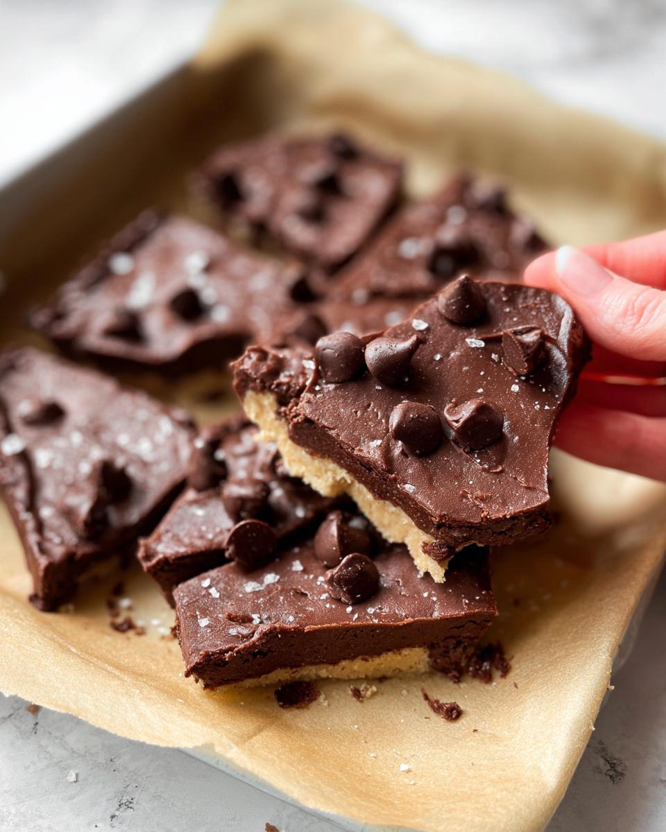 A hand holds a piece of healthy cookie dough bark topped with chocolate chips and sea salt.
