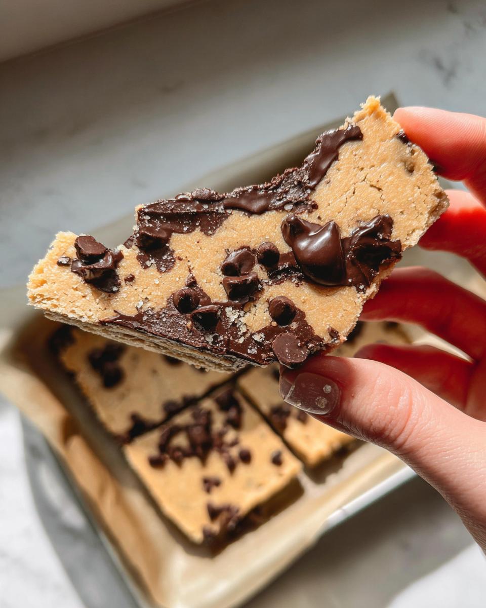 A hand holding a piece of Healthy Cookie Dough Bark, studded with mini chocolate chips.