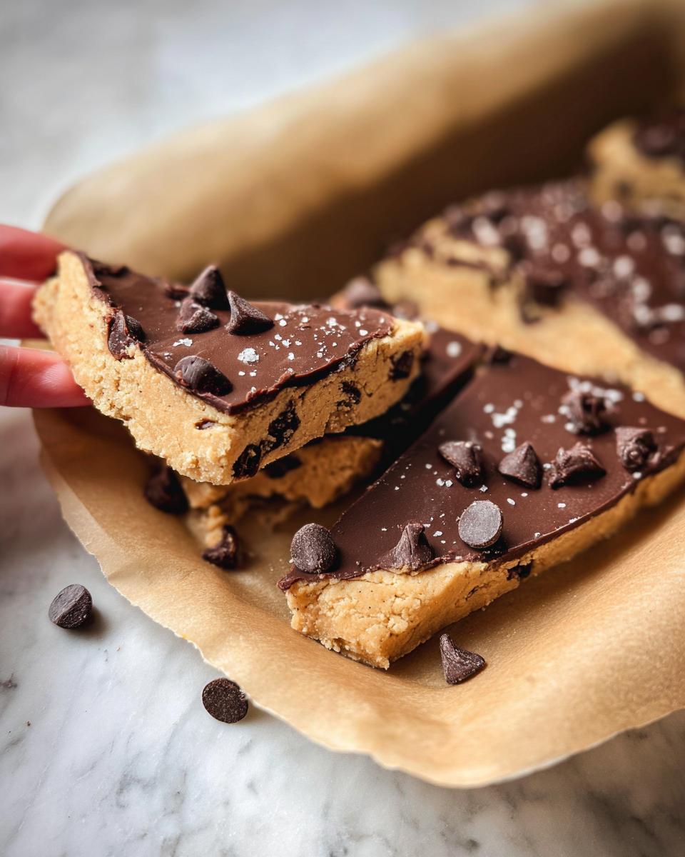 A hand holding a slice of Healthy Cookie Dough Bark topped with chocolate and chocolate chips.