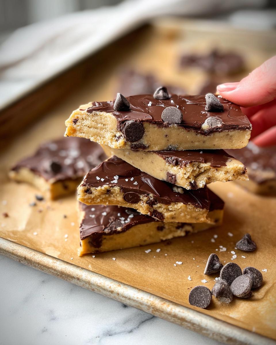Close-up of stacked slices of Healthy Cookie Dough Bark topped with chocolate and chocolate chips.