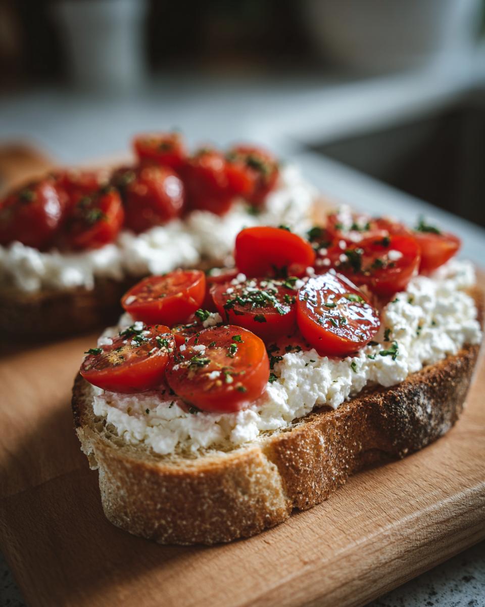 Close-up of healthy cottage cheese toast topped with fresh cherry tomatoes and herbs, a perfect healthy lunch idea.