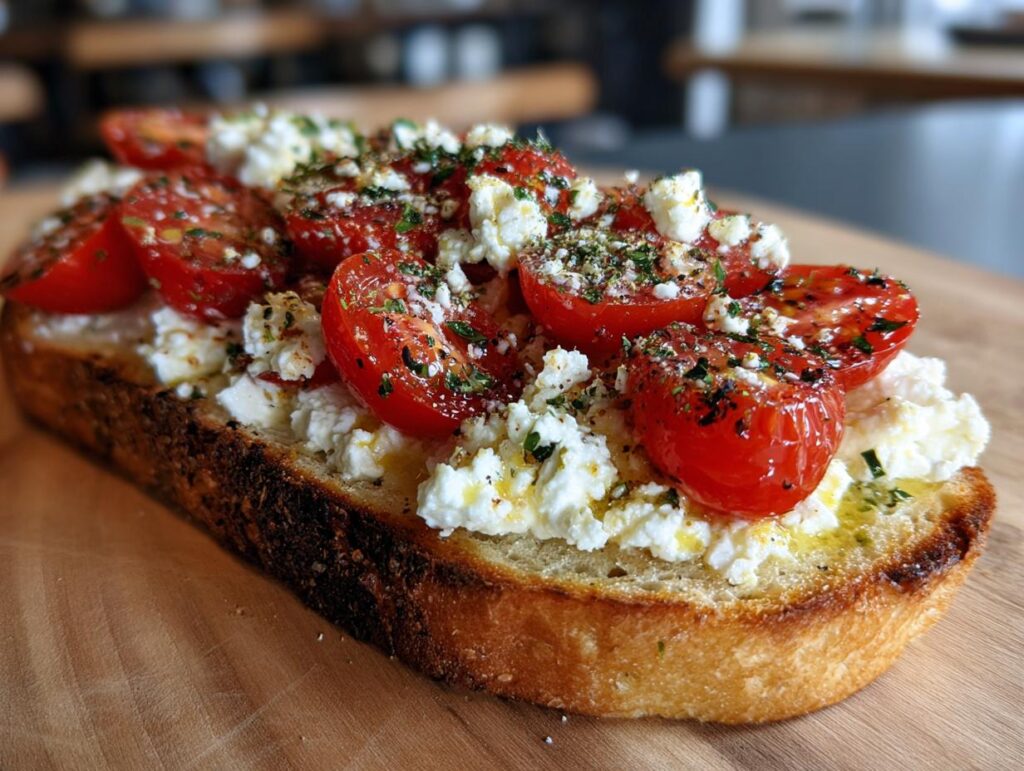 Close-up of healthy cottage cheese toast topped with halved cherry tomatoes and herbs.