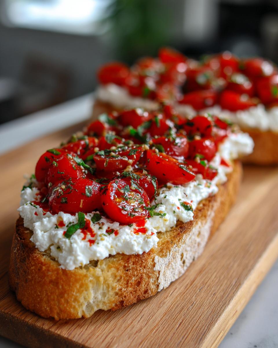 Close-up of healthy cottage cheese toast topped with fresh cherry tomatoes and herbs, a perfect lunch idea.
