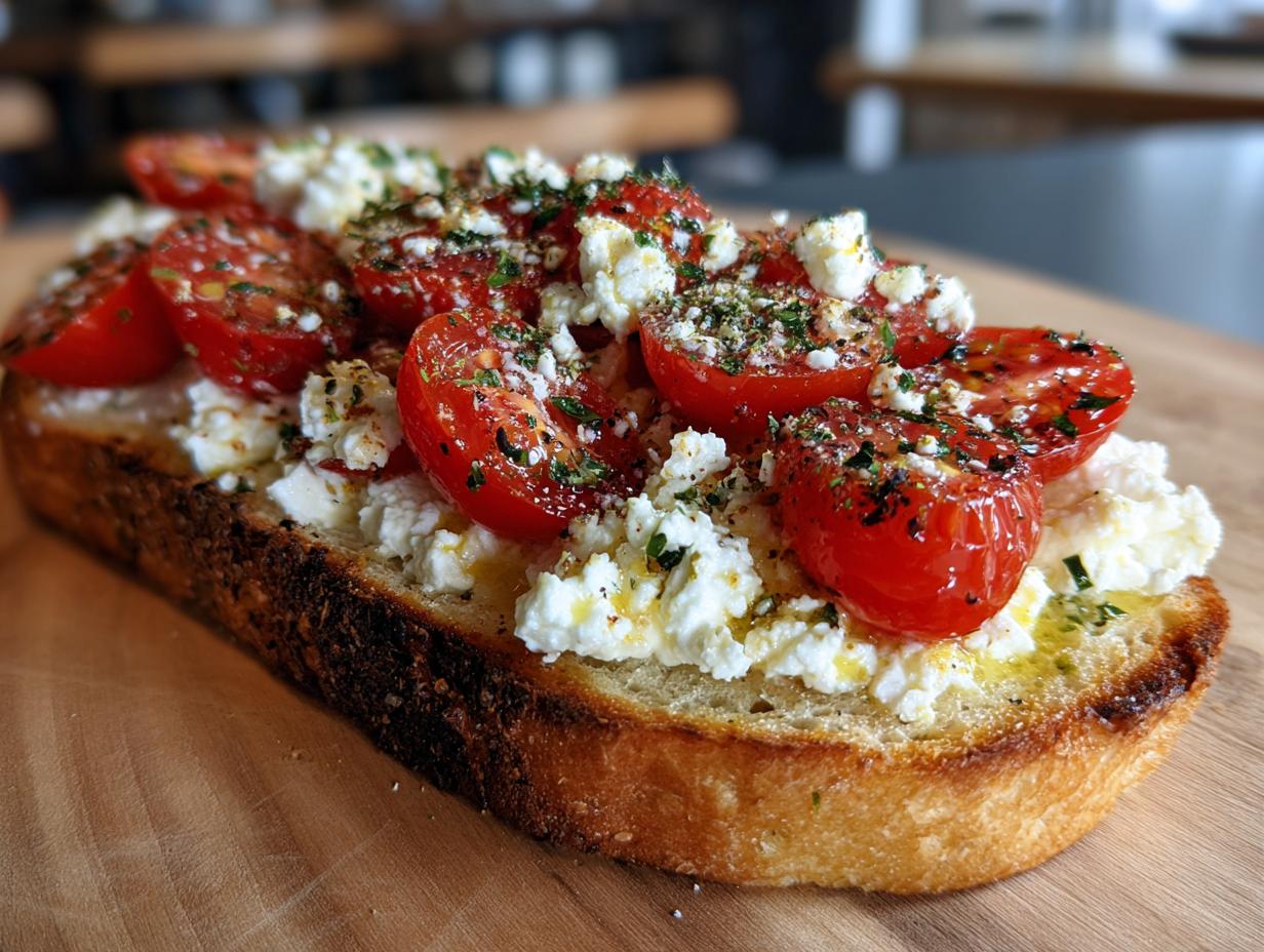 Close-up of healthy cottage cheese toast topped with halved cherry tomatoes and herbs.
