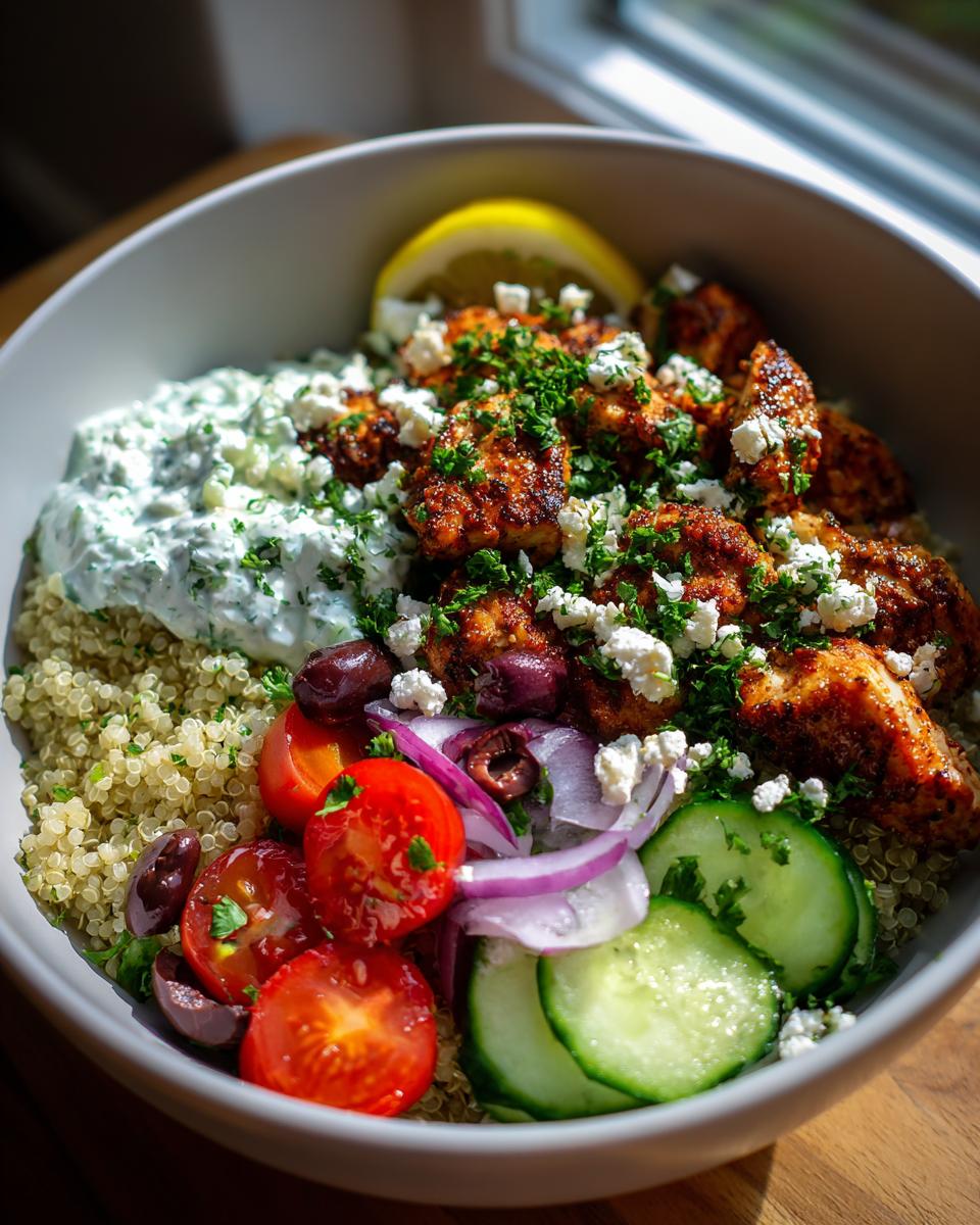 A vibrant Greek chicken bowl with quinoa, chicken, tzatziki, tomatoes, cucumbers, olives, and feta cheese.