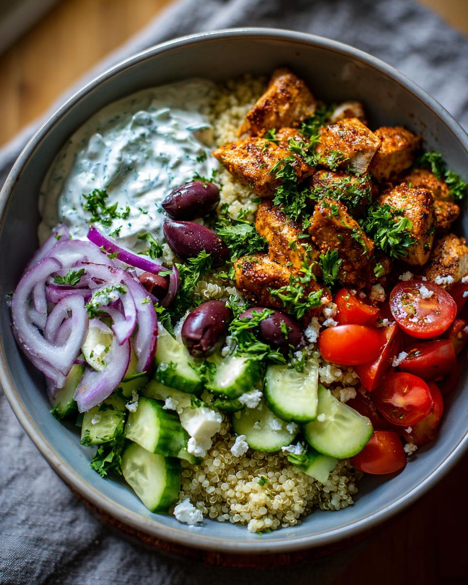 A vibrant Greek chicken bowl with quinoa, seasoned chicken, cucumber, tomatoes, red onion, olives, feta, and tzatziki sauce.
