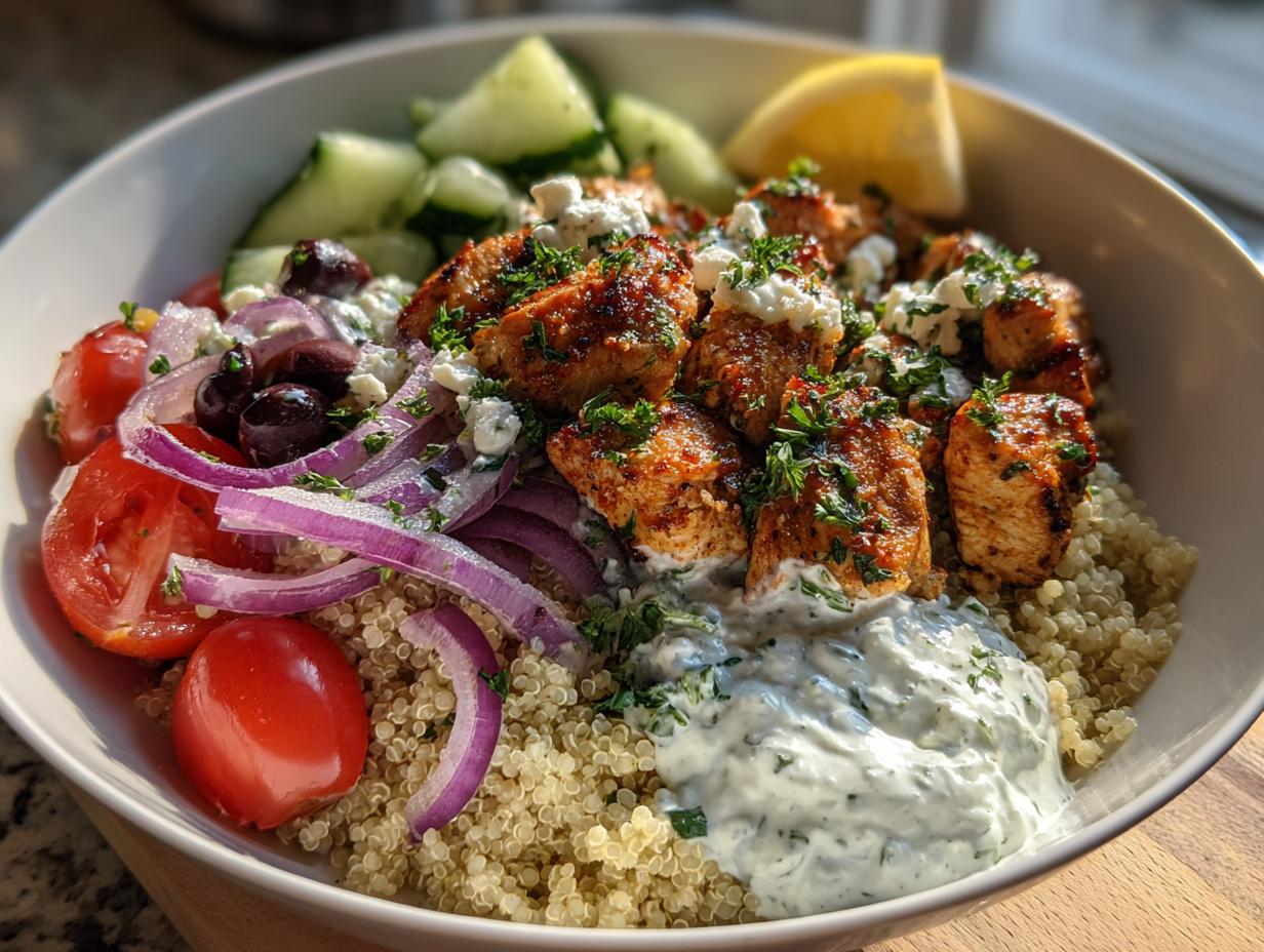 A vibrant Greek chicken bowl with quinoa, grilled chicken, tomatoes, cucumber, red onion, olives, feta, and tzatziki sauce.