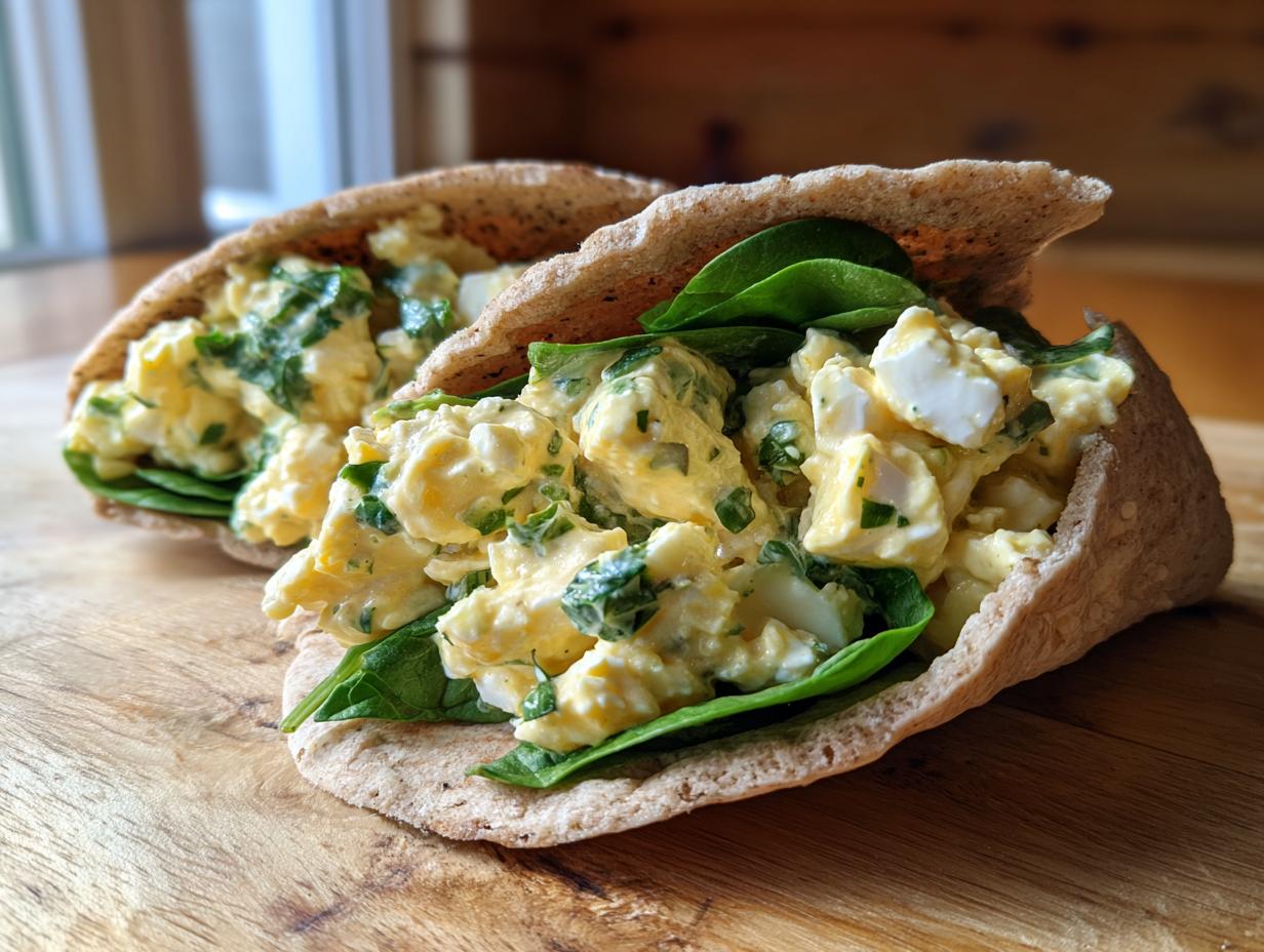 Two whole wheat pitas stuffed with creamy egg salad and fresh spinach, showcasing healthy lunch ideas.