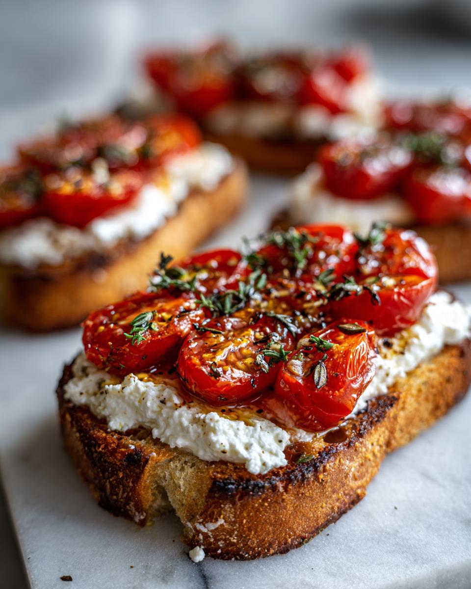 Close-up of a slice of toasted bread topped with creamy cottage cheese and roasted cherry tomatoes, a healthy lunch idea.
