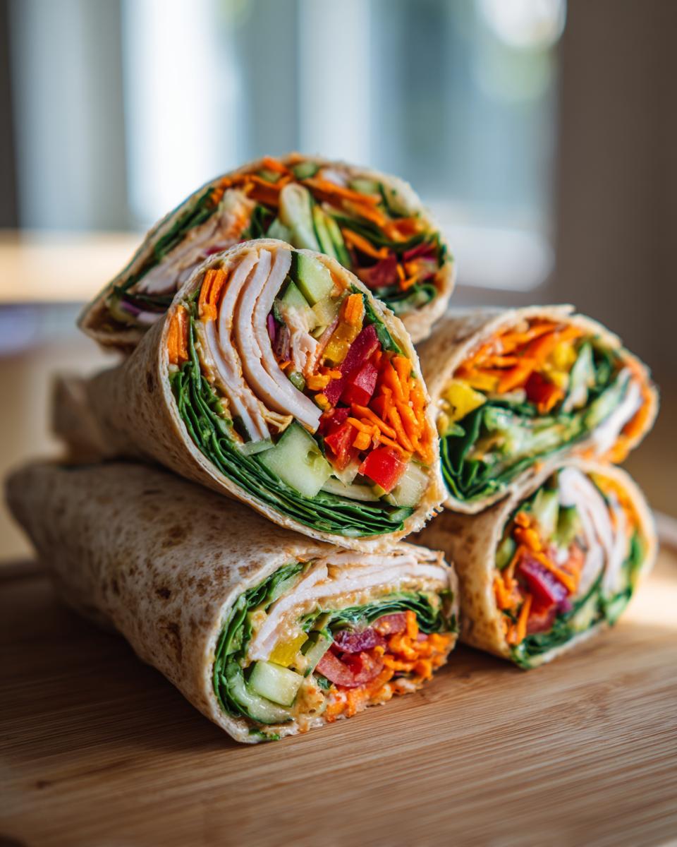 A stack of healthy turkey wraps filled with fresh, crunchy vegetables like carrots, cucumber, and bell peppers.