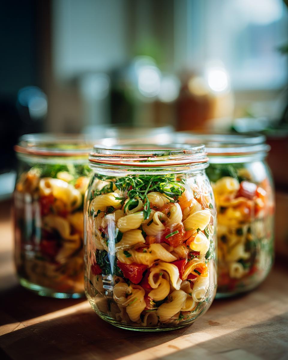 Three glass jars filled with colorful Mediterranean pasta salad, showcasing pasta, tomatoes, and greens.