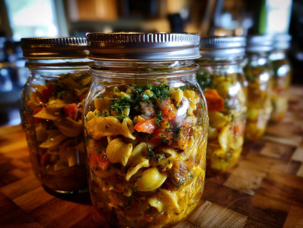 Close-up of a mason jar filled with Mediterranean pasta salad, featuring pasta, vegetables, and herbs, perfect for healthy lunch ideas.