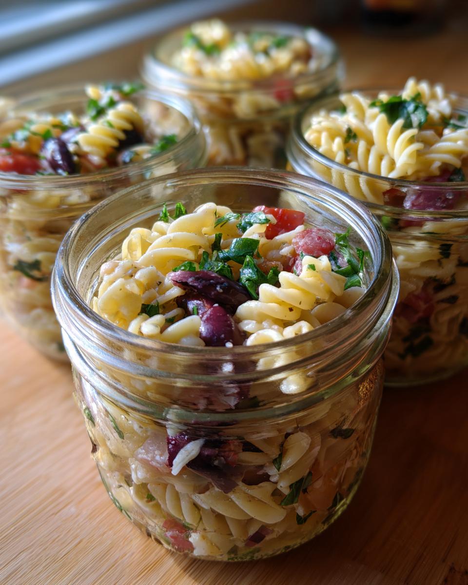 Four glass jars filled with Mediterranean pasta salad, featuring rotini pasta, olives, tomatoes, and herbs.