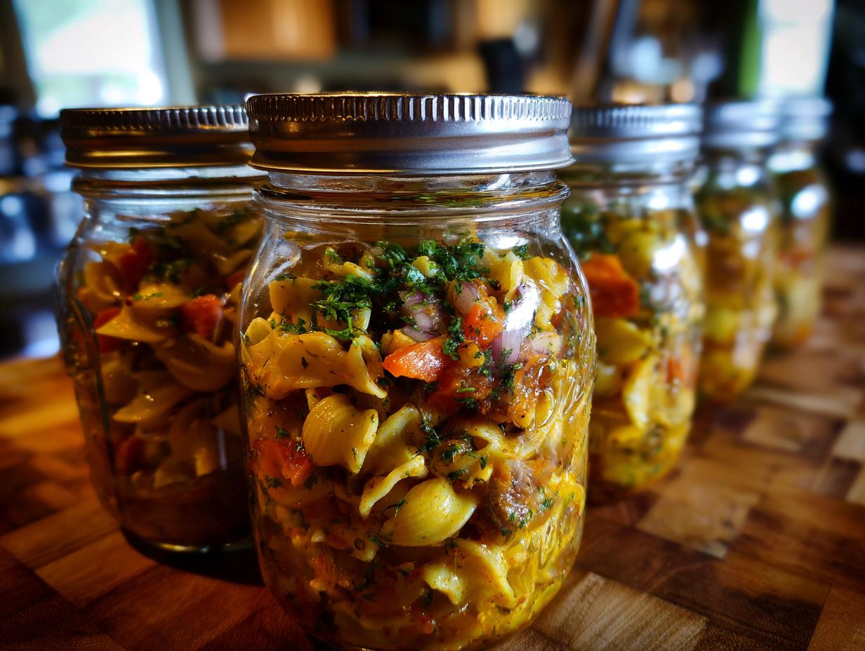 Close-up of a mason jar filled with Mediterranean pasta salad, featuring pasta, vegetables, and herbs, perfect for healthy lunch ideas.