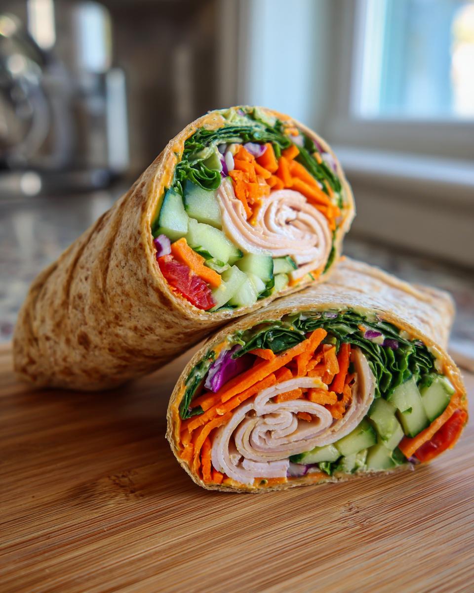 A healthy lunch idea featuring a turkey wrap cut in half, packed with turkey, lettuce, carrots, cucumber, and red onion.