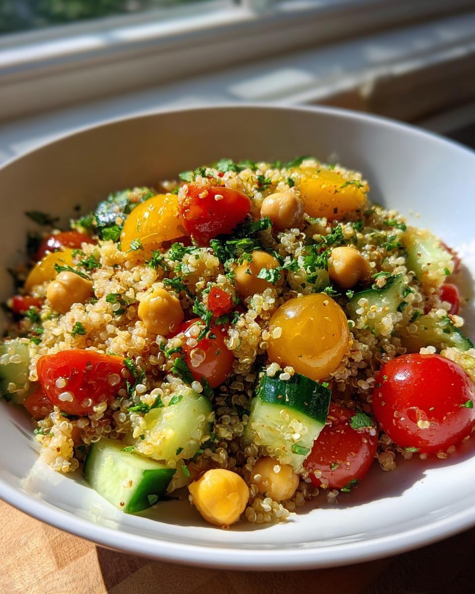 A vibrant bowl of quinoa chickpea salad with cherry tomatoes, cucumber, and fresh herbs, perfect for healthy lunch ideas for workdays.