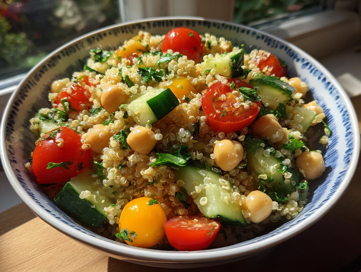 A vibrant bowl of quinoa chickpea salad with cherry tomatoes, cucumber, and fresh herbs, perfect for healthy lunch ideas.